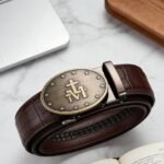 Bonitogo Men’s Luxury Ratchet Leather Belt – Brown Crocodile Pattern with Religious Symbol Buckle DC8680 - Image 8