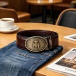 Bonitogo Men’s Luxury Ratchet Leather Belt – Brown Crocodile Pattern with Religious Symbol Buckle DC8680 - Image 7