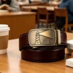 Wholesale Men's Designer Automatic Buckle Belt – Brown Leather with Lighthouse Embossed Plaque DC86144 - Image 7