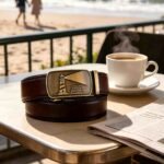 Wholesale Men's Designer Automatic Buckle Belt – Brown Leather with Lighthouse Embossed Plaque DC86144 - Image 3